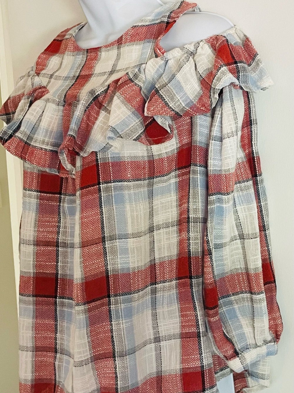 Doe & Rae Cold Shoulder Plaid Ruffle Flannel Top - Picture 5 of 11